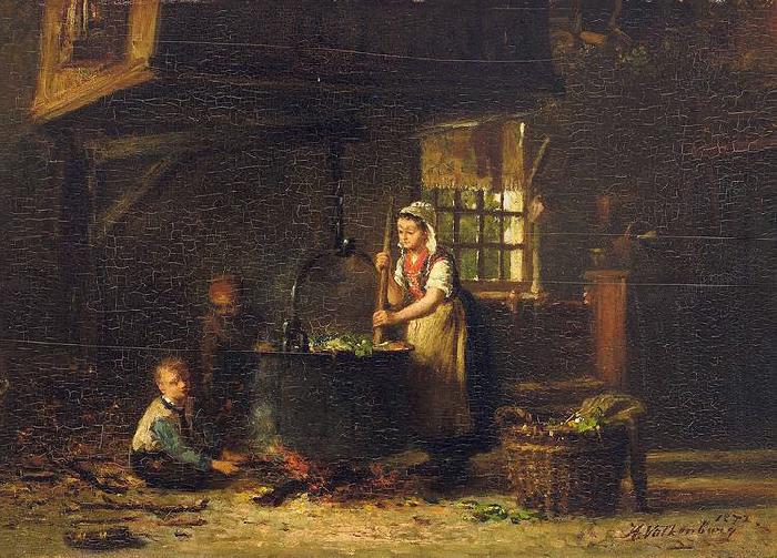 Hendrik Valkenburg An old kitchen with a mother and two children at the cauldron oil painting image